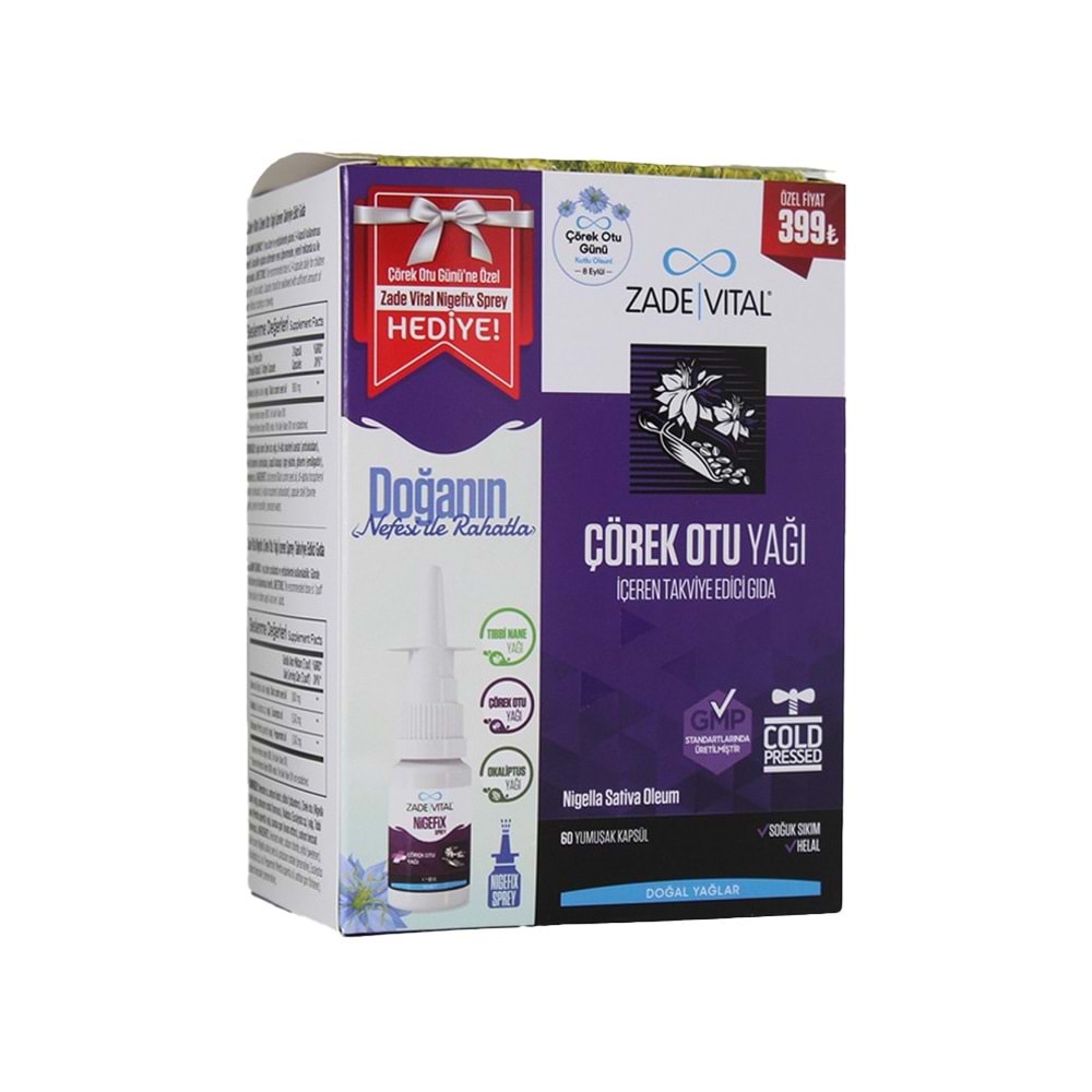 ZADE VİTAL ÇÖREK OTU YAĞI 60 KAPSUL & NİGEFİX 10 ML SPREY HEDİYELİ