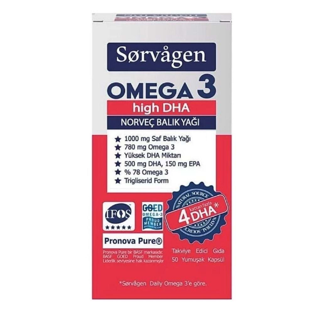 SORVAGEN OMEGA 3 HİGH DHA BALIK YAĞI 50 KAPSÜL ( NORVEÇ BALIK YAĞI )