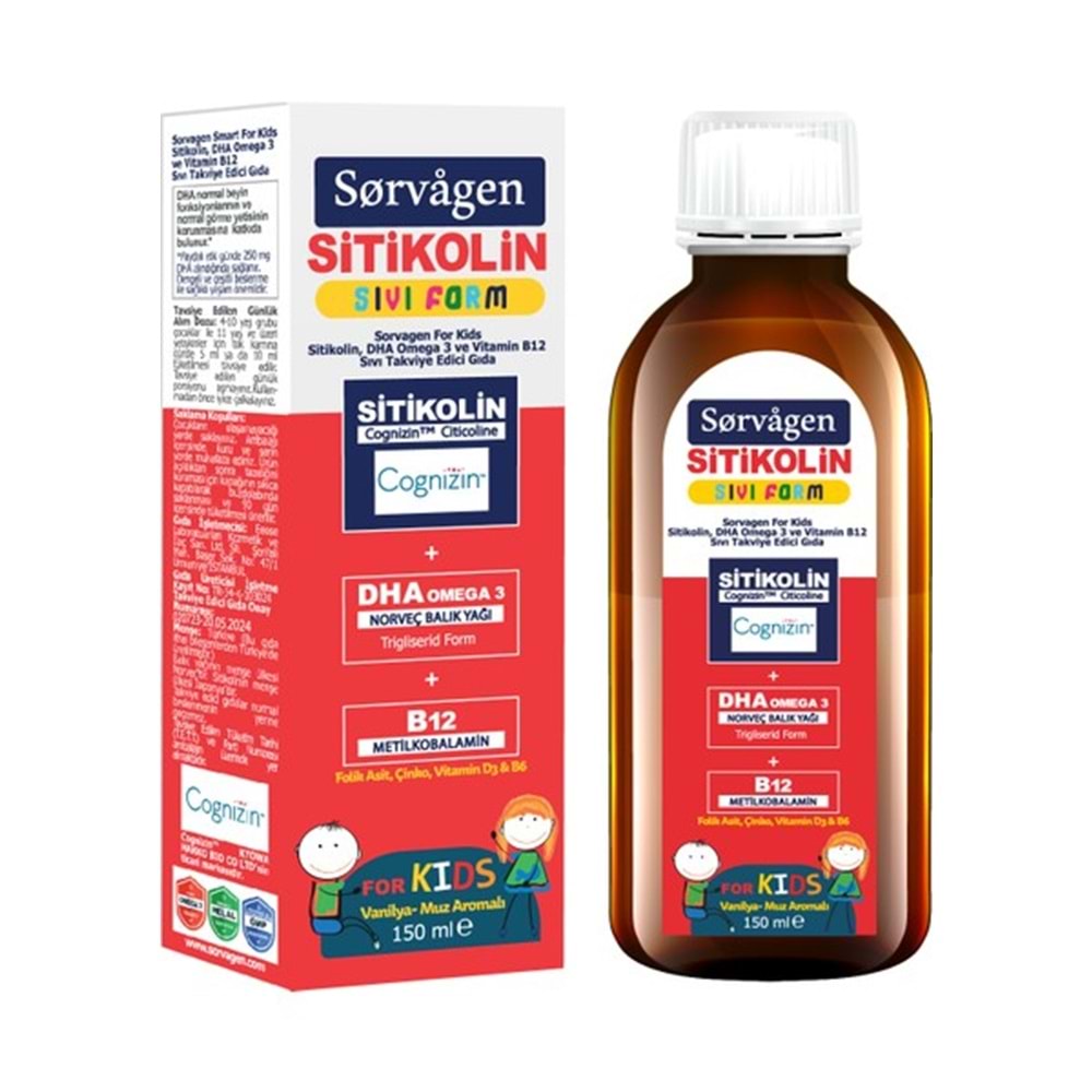 SORVAGEN KİDS SİTİKOLİN OMEGA 3 NORVEÇ BALIK YAĞI VE B12 150 ML ŞURUP
